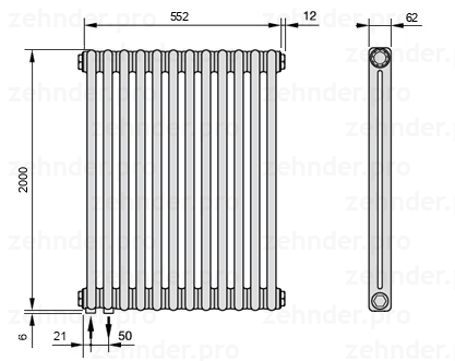 Схема (чертеж) Радиатор Zehnder Charleston 2200/12 №3370 Белый глянцевый RAL 9016